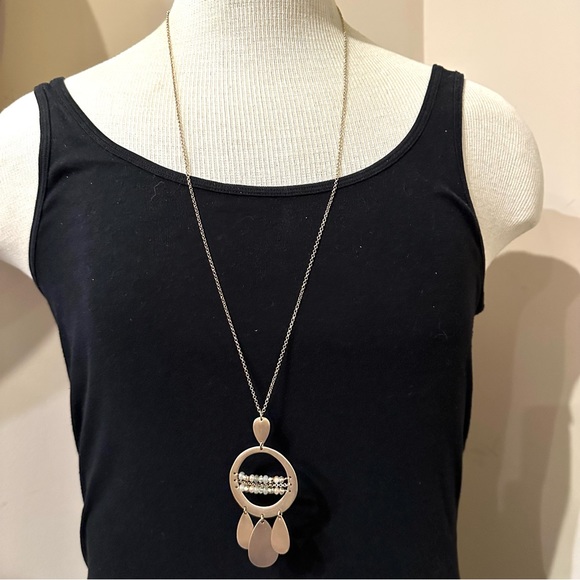 Jade & Jasper Necklace- long gold tone w/ brushed gold beaded pendant teardrop - Picture 2 of 12